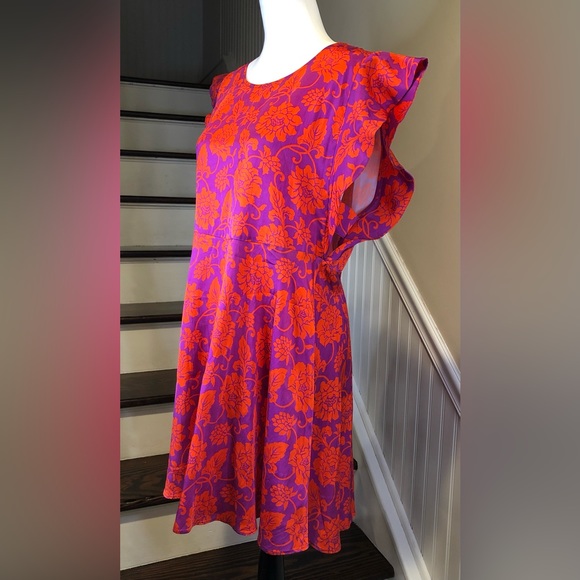 FREE PEOPLE Red Purple Floral Flutter Sleeve Dress Sz 10 - Picture 2 of 12